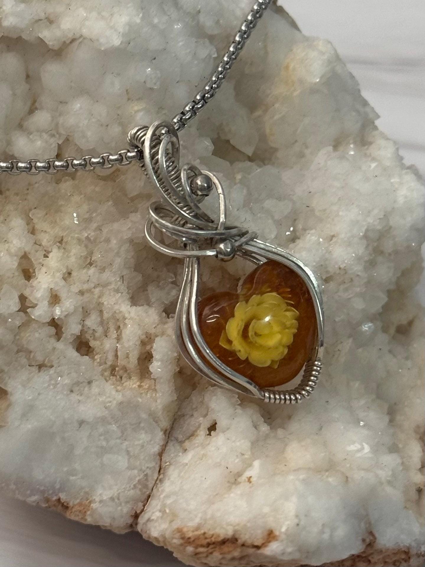 Carved rose Amber pendant  necklace