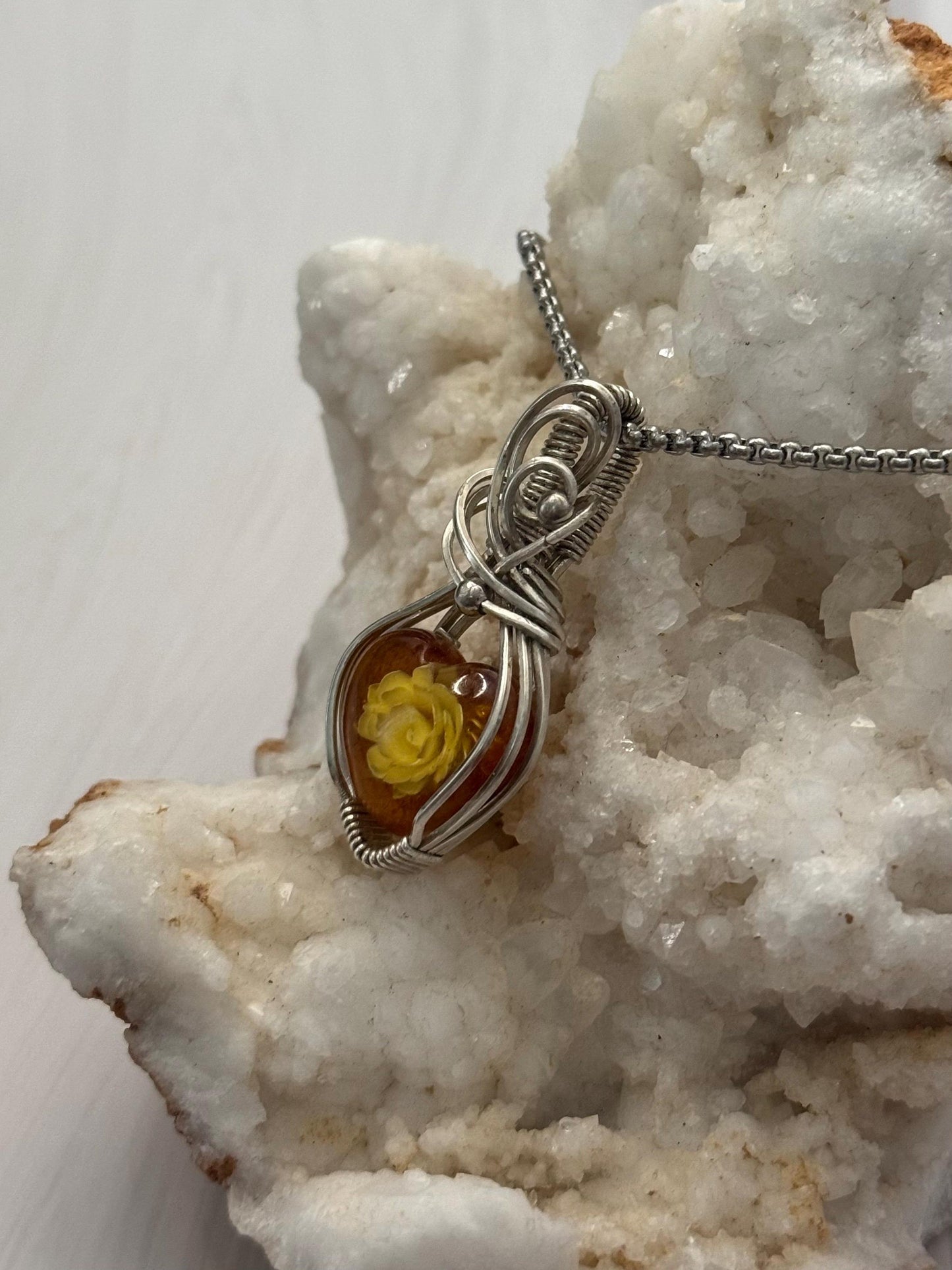 Carved rose Amber pendant  necklace