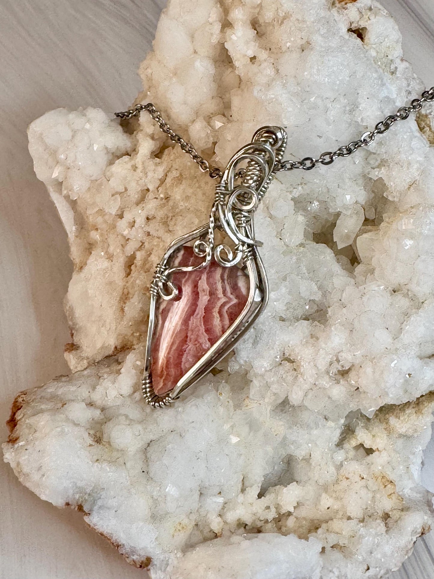 Rhodochrosite gemstone pendant necklace