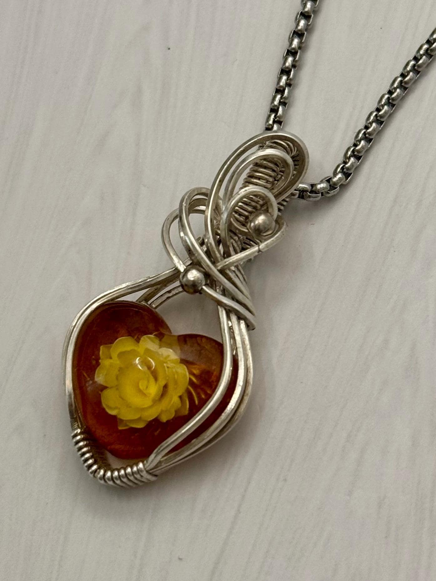Carved rose Amber pendant  necklace