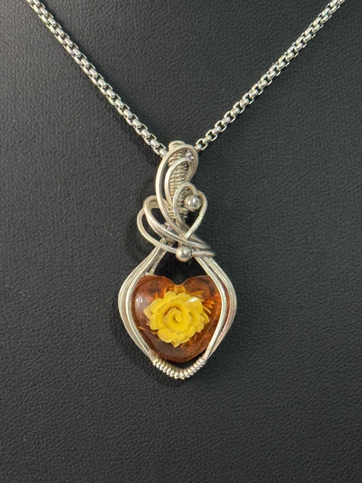 Carved rose Amber pendant  necklace