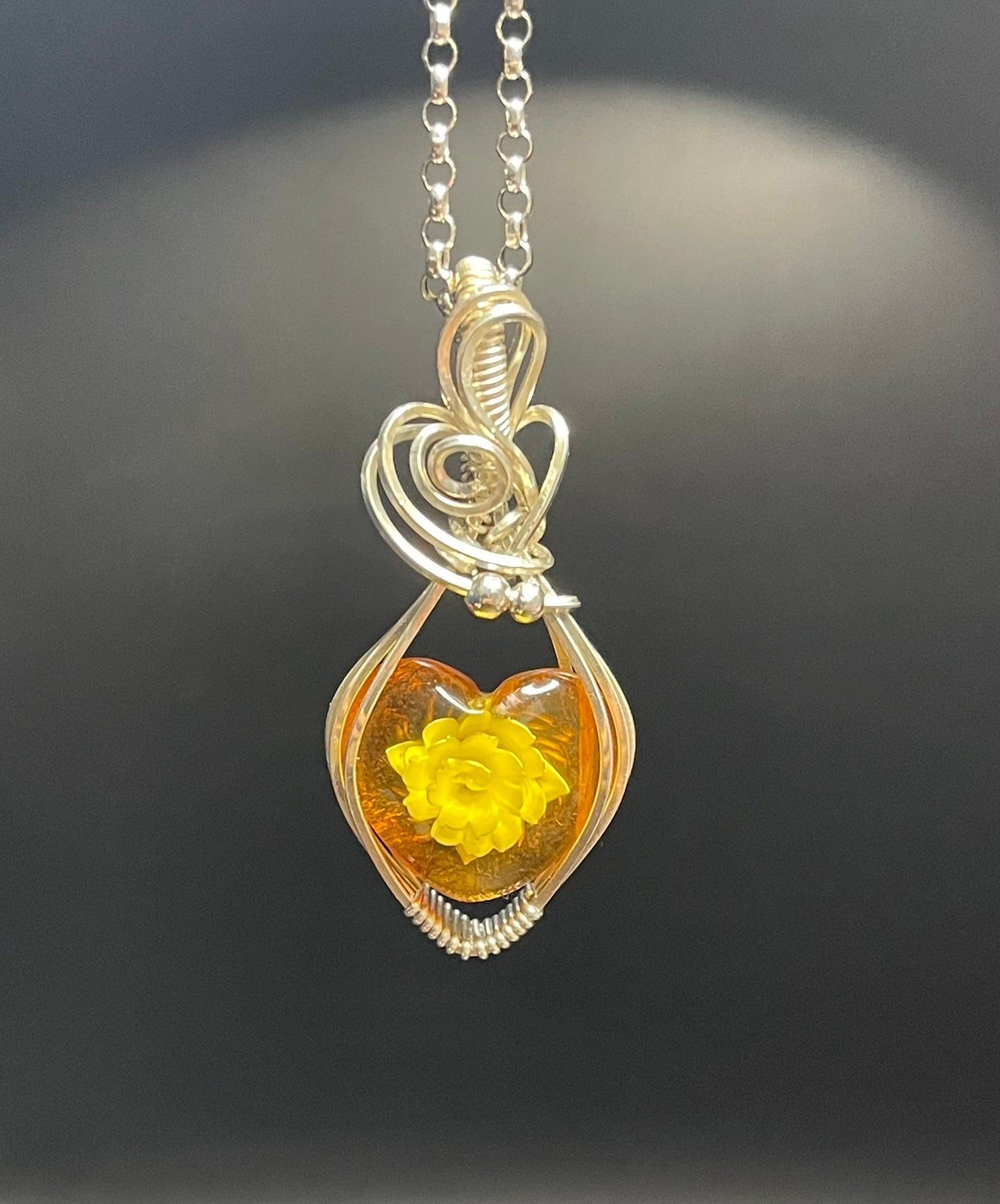 Carved rose Amber pendant  necklace
