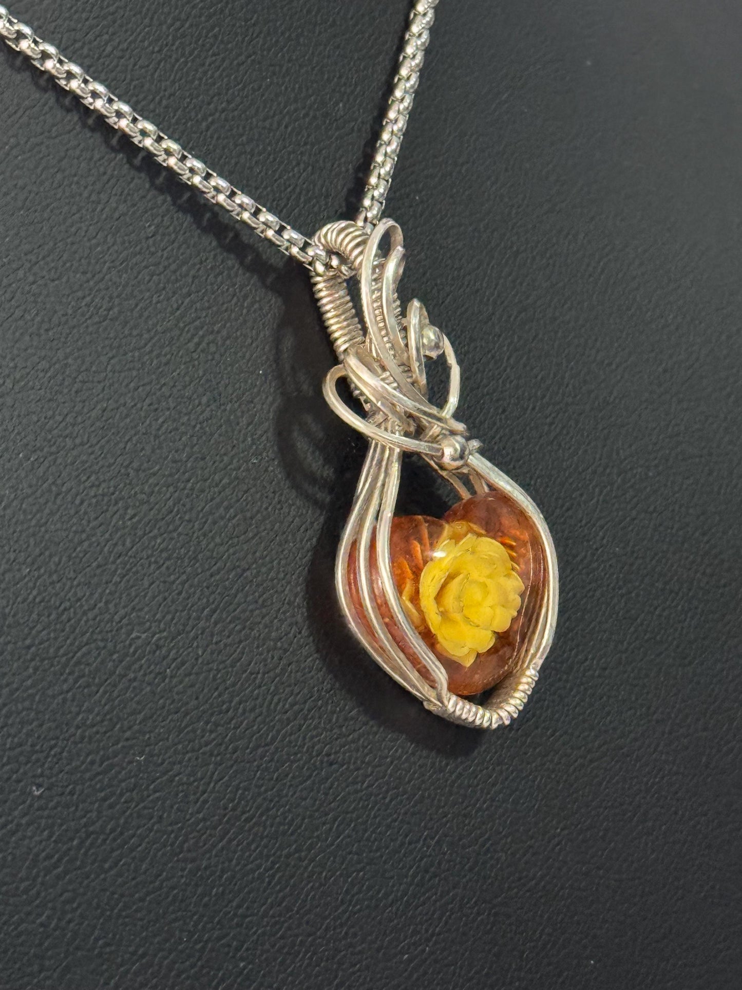 Carved rose Amber pendant  necklace