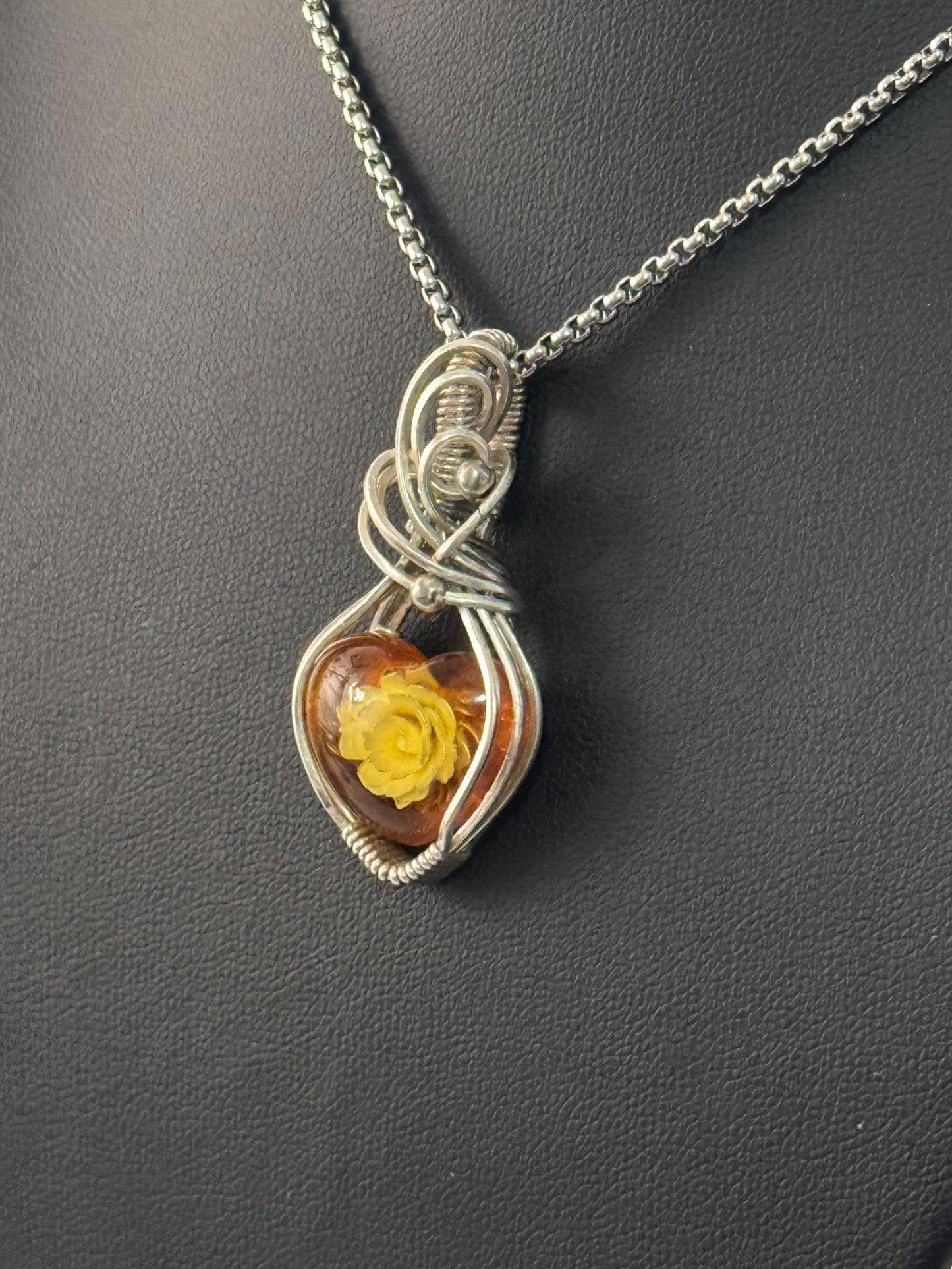 Carved rose Amber pendant  necklace