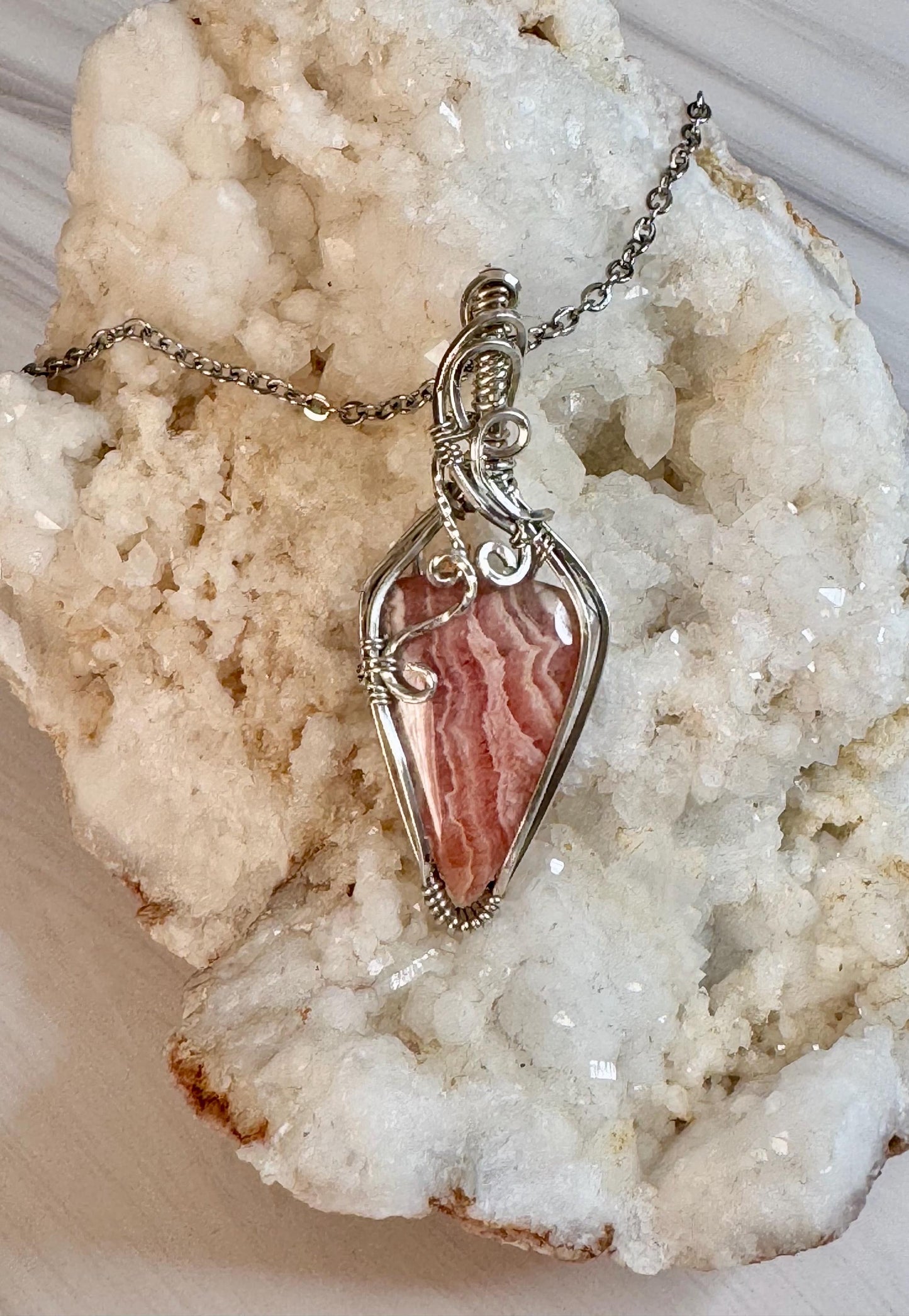 Rhodochrosite gemstone pendant necklace
