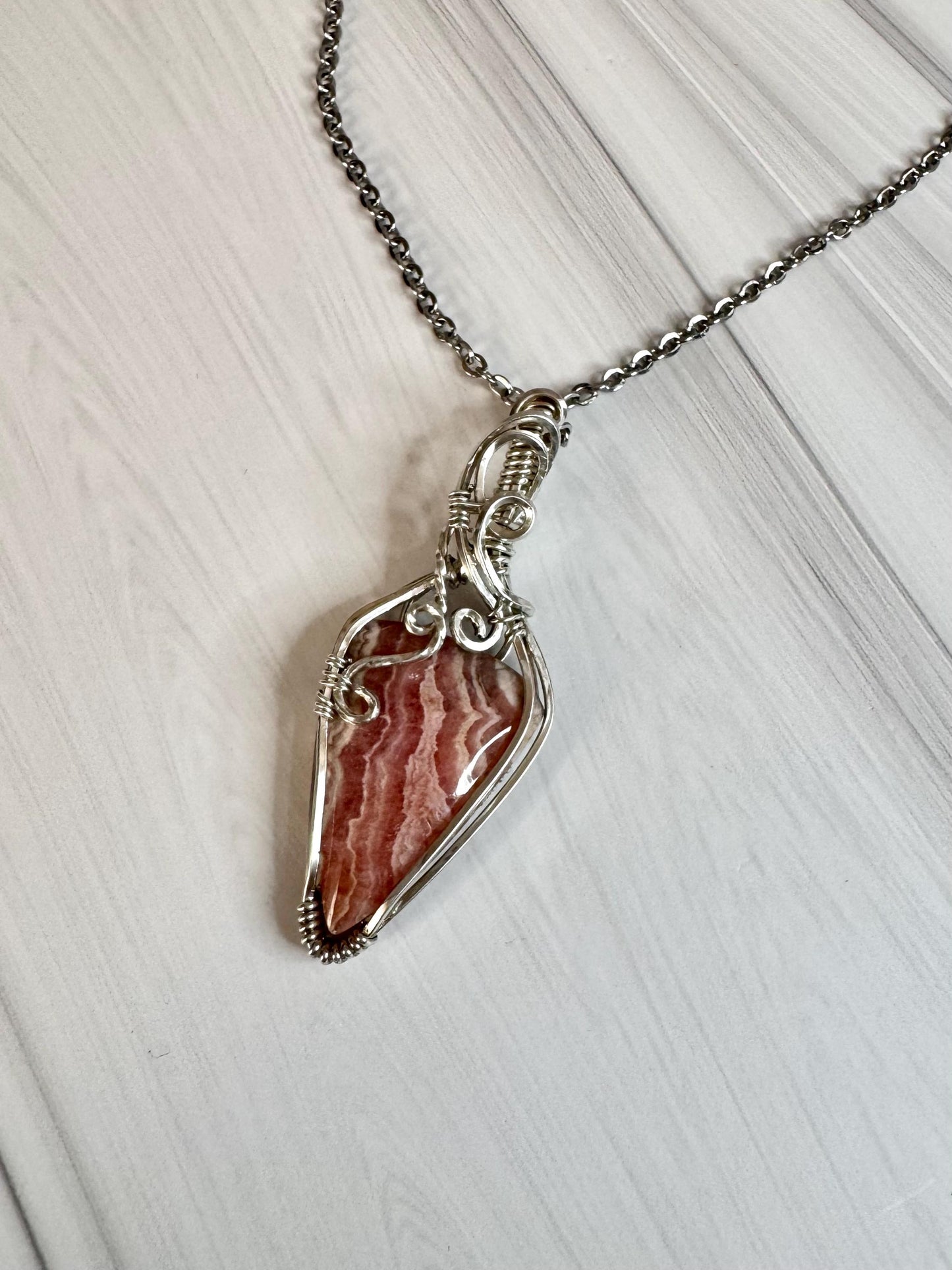 Rhodochrosite gemstone pendant necklace