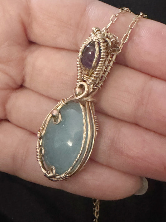 Aquamarine and Amethyst gemstone pendant necklace