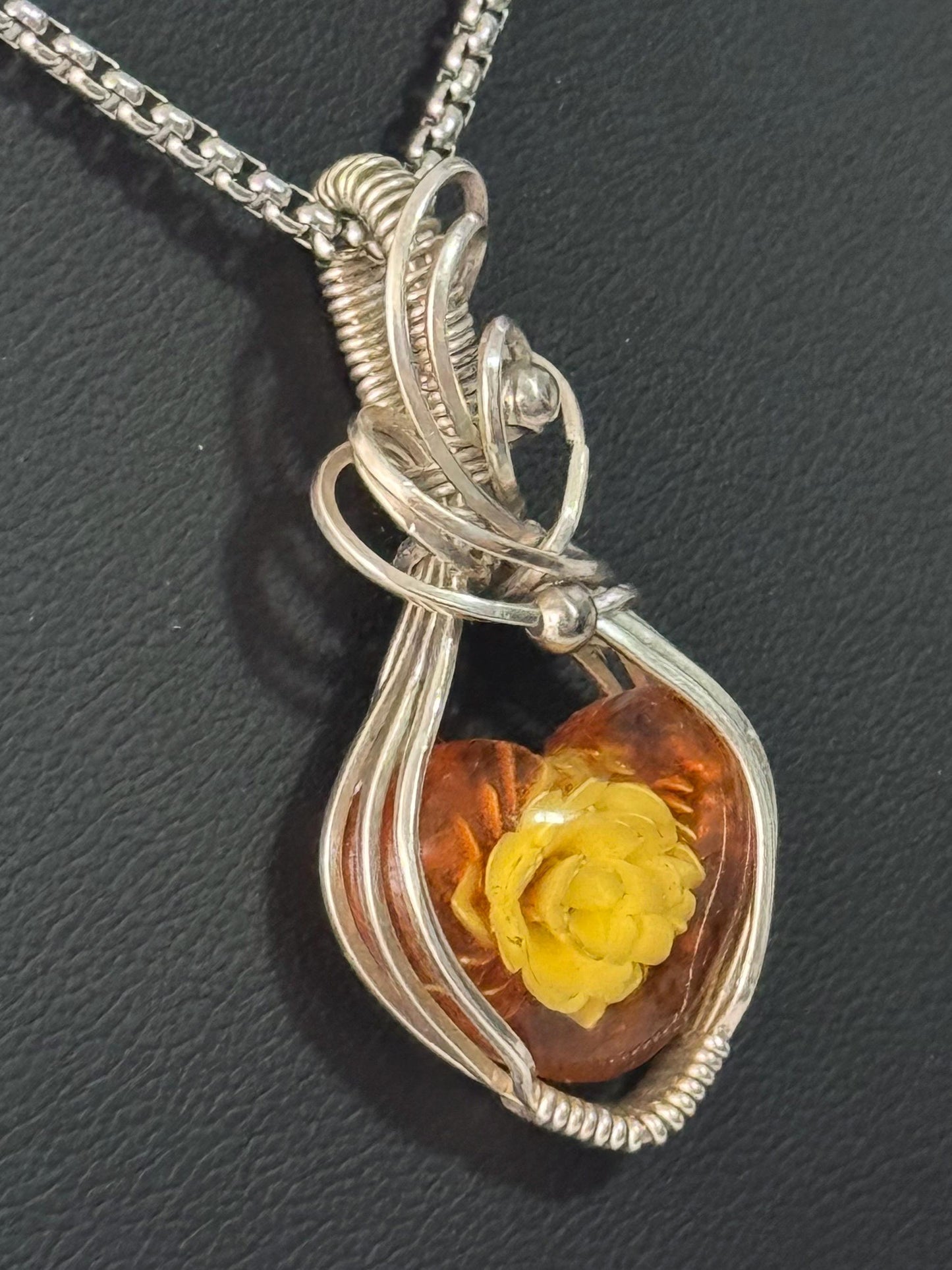 Carved rose Amber pendant  necklace